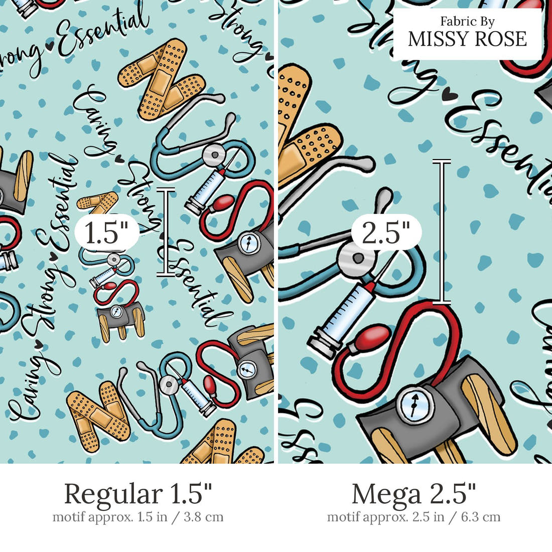 Design 482 Nursing Fabric Regular 1.5 inch vs Mega 2.5 inch print scale side by side | Fabric by Missy Rose