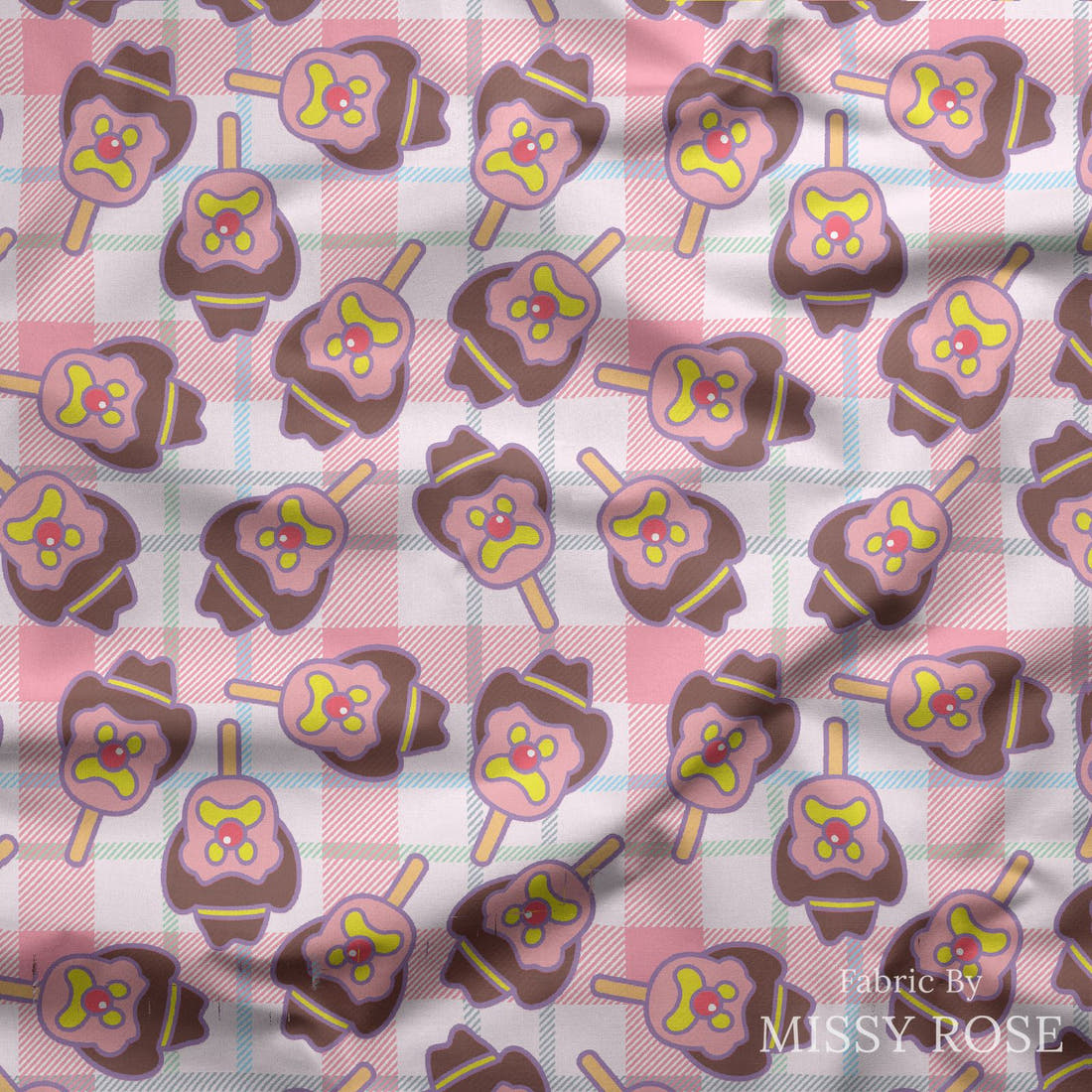 Design 483 Plaid Ice Cream Fabric draped fabric mockup – custom printed fabric by the metre | Fabric by Missy Rose