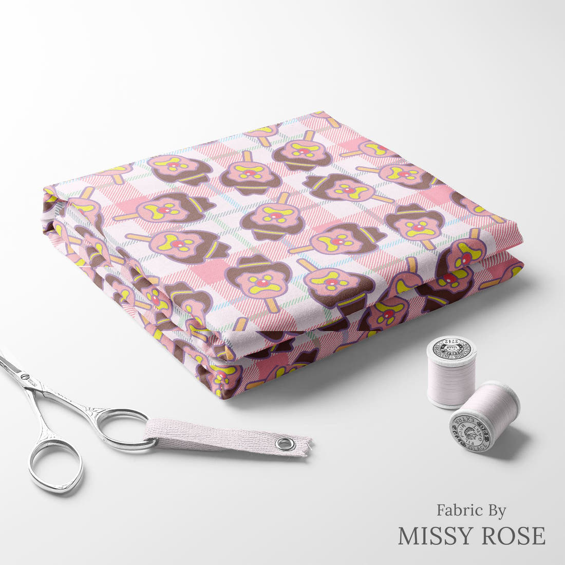 Design 483 Plaid Ice Cream Fabric folded fabric stack with matching thread – pre-order fabric Australia | Fabric by Missy Rose