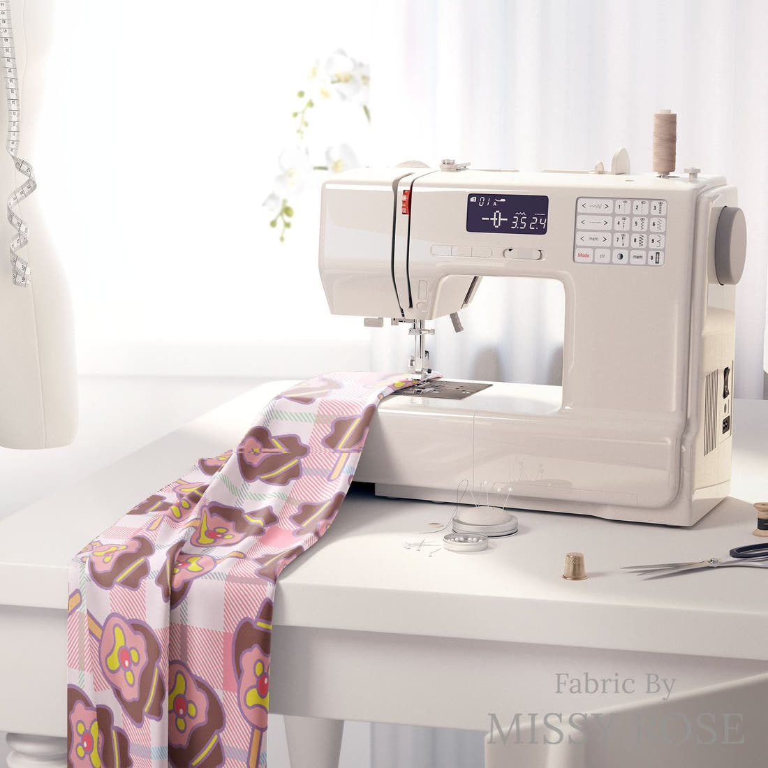 Design 483 Plaid Ice Cream Fabric on a sewing machine – premium fabric for sewing projects | Fabric by Missy Rose