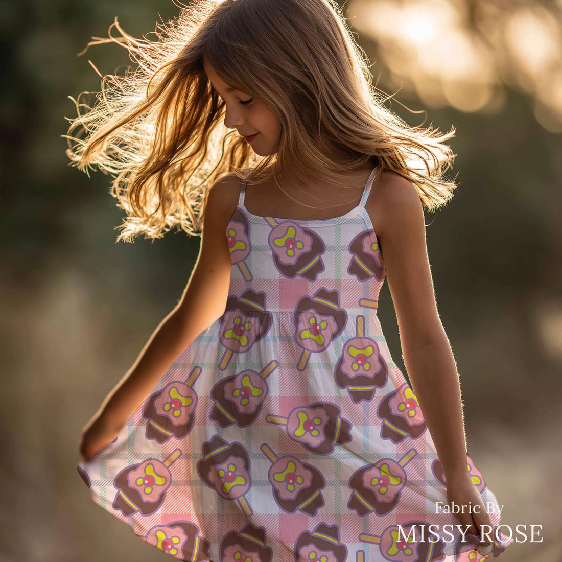 Design 483 Plaid Ice Cream Fabric sewn into a girls' dress – see how the print looks made up | Fabric by Missy Rose