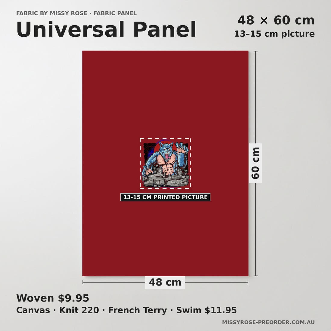Design 484 Warewolf Panel universal panel sizing – 13–15 cm printed picture on 48 × 60 cm fabric | Fabric by Missy Rose