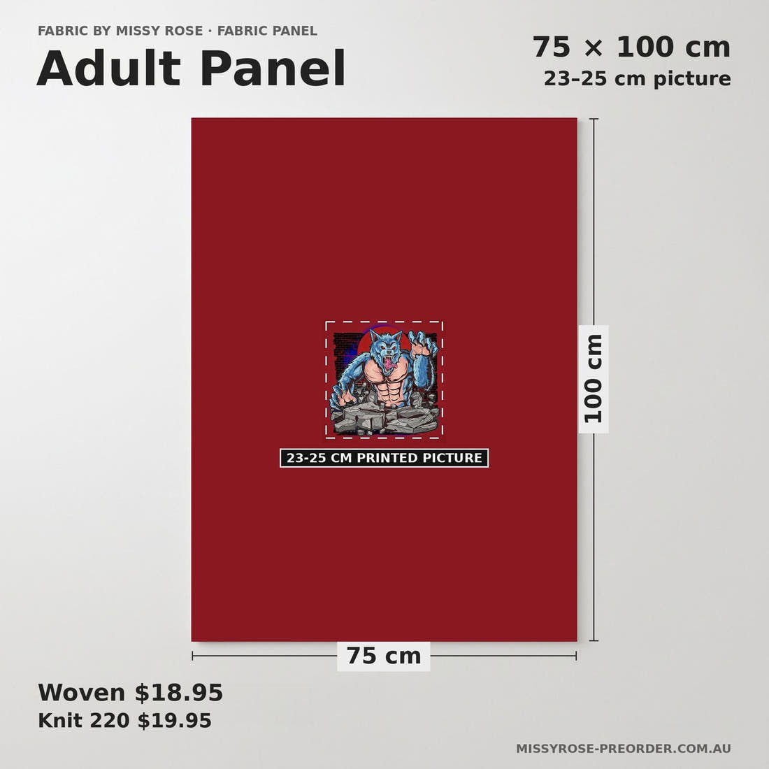 Design 484 Warewolf Panel adult panel sizing – 23–25 cm printed picture on 75 × 100 cm fabric | Fabric by Missy Rose