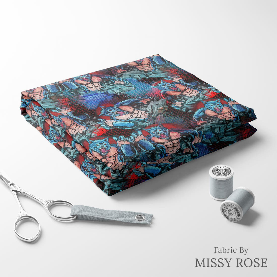 Design 484 Warewolf Fabric folded fabric stack with matching thread – pre-order fabric Australia | Fabric by Missy Rose