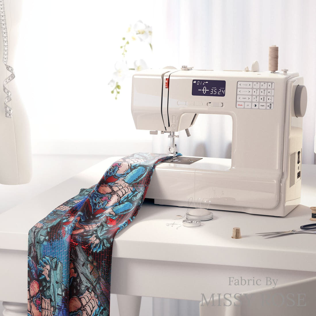 Design 484 Warewolf Fabric on a sewing machine – premium fabric for sewing projects | Fabric by Missy Rose