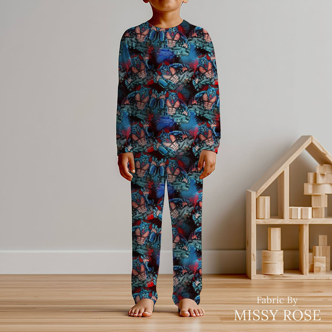 Design 484 Warewolf Fabric sewn into kids' pyjamas – see how the print looks made up | Fabric by Missy Rose