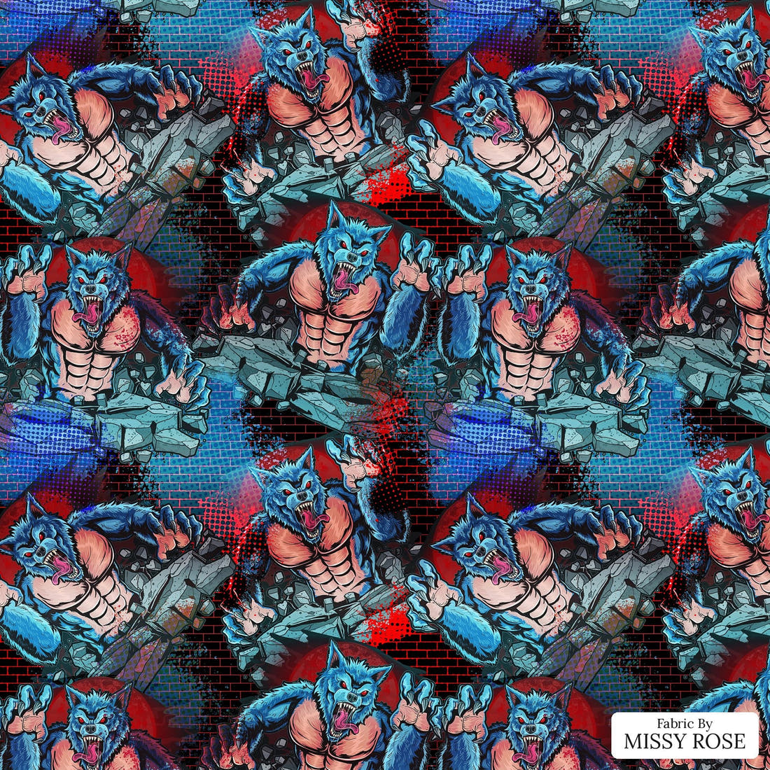 Design 484 Ware Wolf Fabric - flat view of the print, zoom in for detail | Fabric by Missy Rose