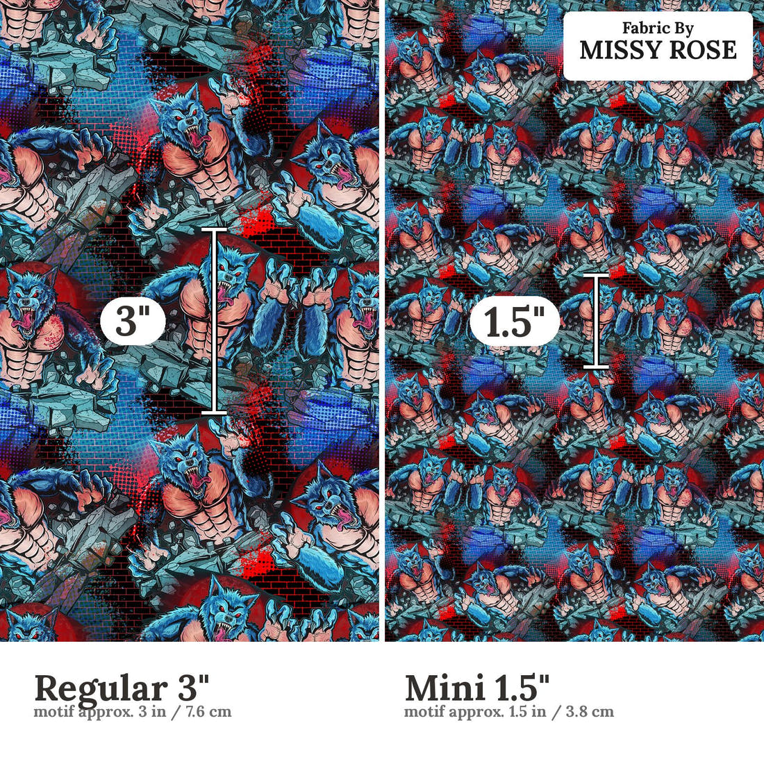 Design 484 Ware Wolf Fabric size comparison - print scale | Fabric by Missy Rose