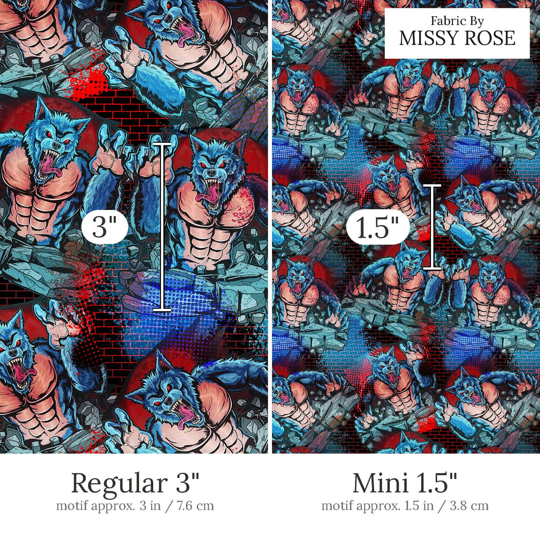 Design 484 Warewolf Fabric Regular 3 inch vs Mini 1.5 inch print scale side by side | Fabric by Missy Rose