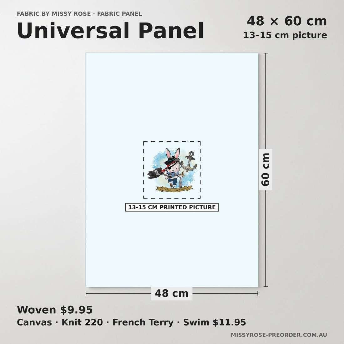 Design 485 Pirate Bunny Panel universal panel sizing – 13–15 cm printed picture on 48 × 60 cm fabric | Fabric by Missy Rose
