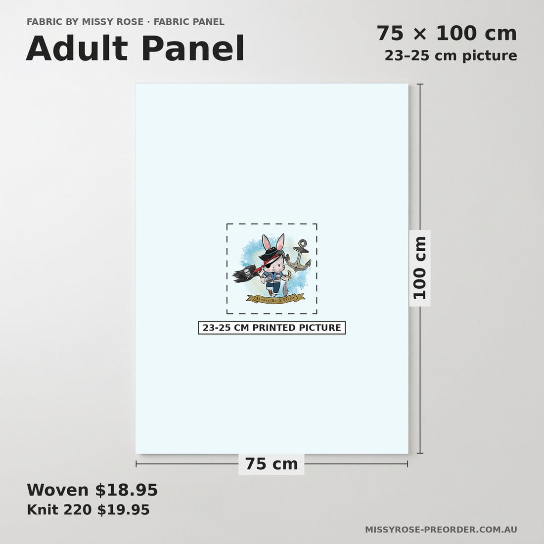 Design 485 Pirate Bunny Panel adult panel sizing – 23–25 cm printed picture on 75 × 100 cm fabric | Fabric by Missy Rose