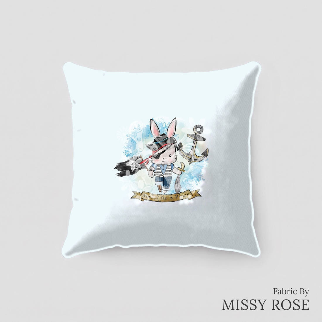 Design 485 Pirate Bunny Panel sewn into a cushion – see how the panel looks made up | Fabric by Missy Rose