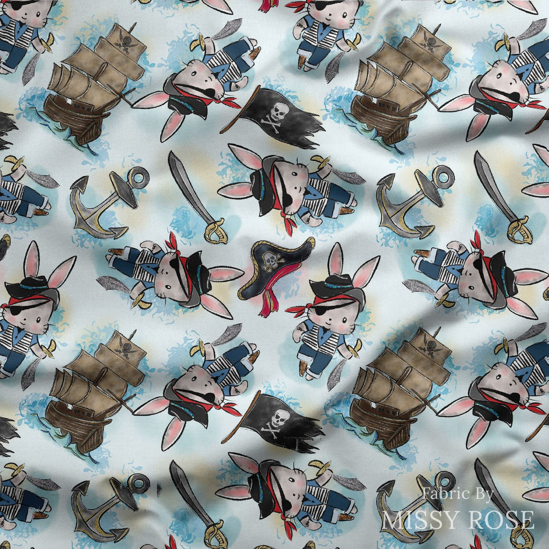 Design 485 Pirate Bunny Fabric draped fabric mockup – custom printed fabric by the metre | Fabric by Missy Rose