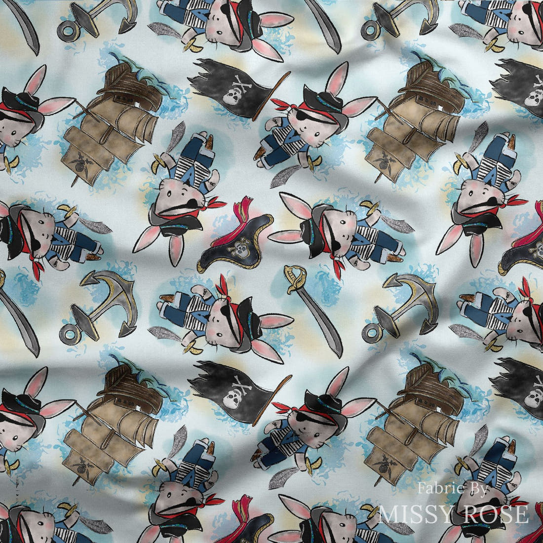 Design 485 Pirate Bunny Fabric draped fabric mockup – custom printed fabric by the metre | Fabric by Missy Rose