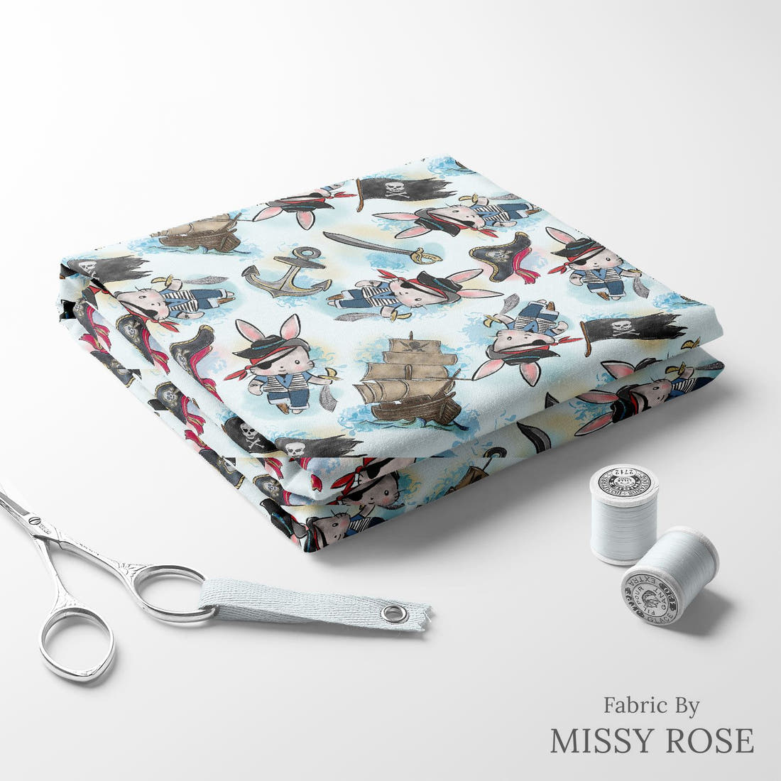 Design 485 Pirate Bunny Fabric folded fabric stack with matching thread – pre-order fabric Australia | Fabric by Missy Rose