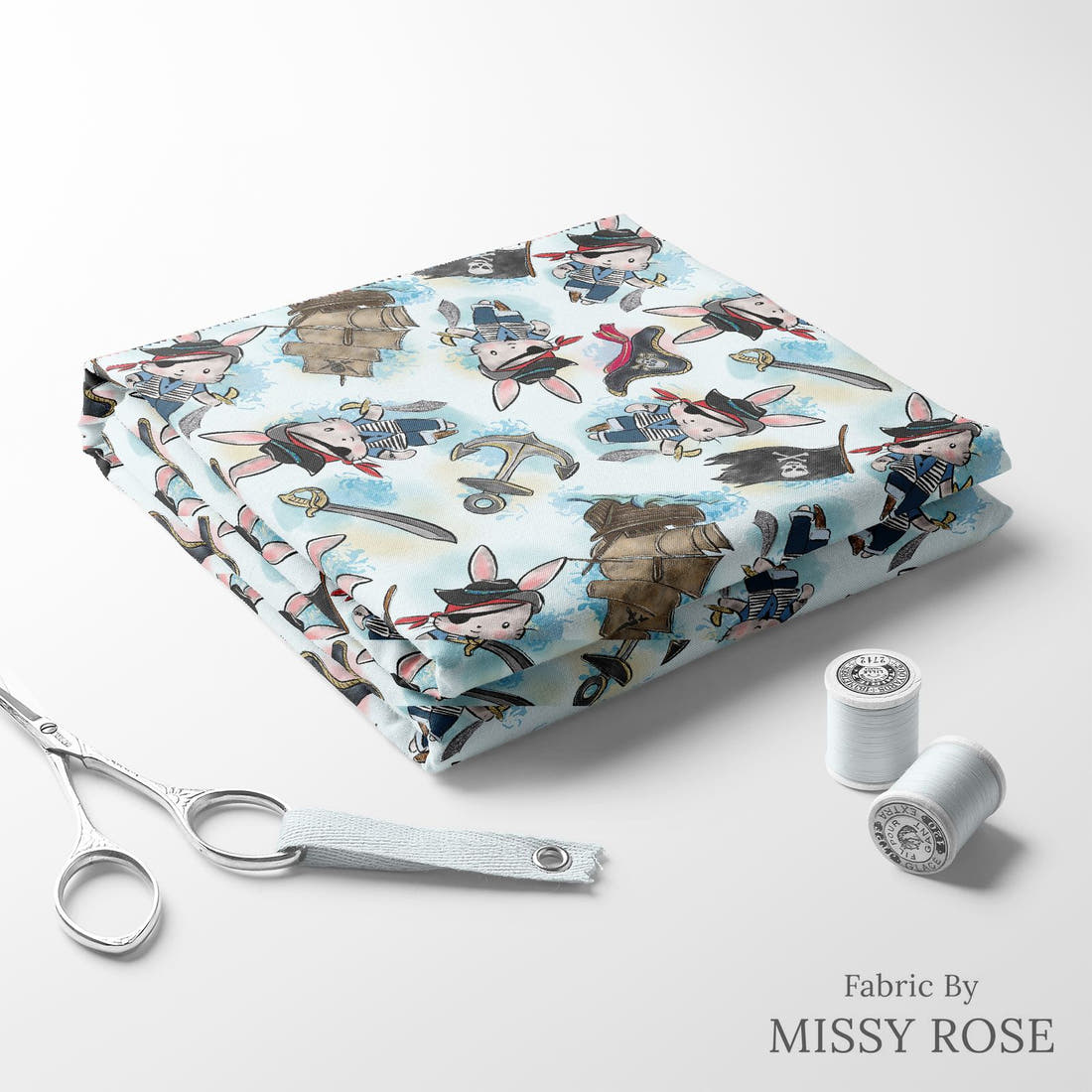 Design 485 Pirate Bunny Fabric folded fabric stack with matching thread – pre-order fabric Australia | Fabric by Missy Rose