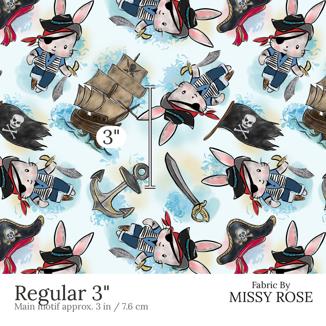 Design 485 Pirate Bunny Fabric Regular 3 inch print scale guide | Fabric by Missy Rose