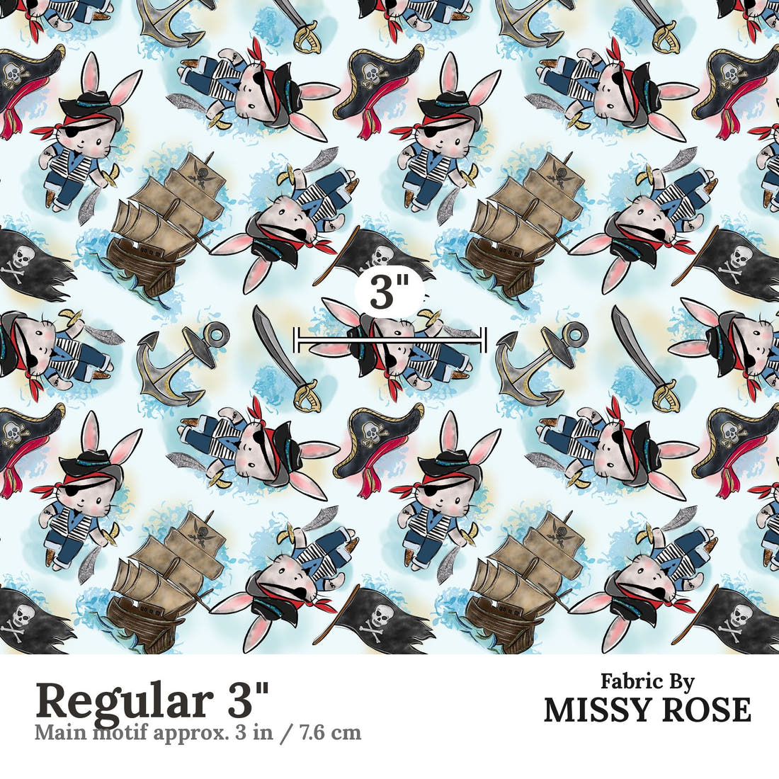 Design 485 Pirate Bunny Fabric Regular 3" - print scale | Fabric by Missy Rose