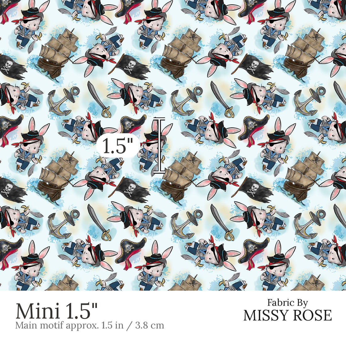 Design 485 Pirate Bunny Fabric Mini 1.5 inch print scale guide | Fabric by Missy Rose