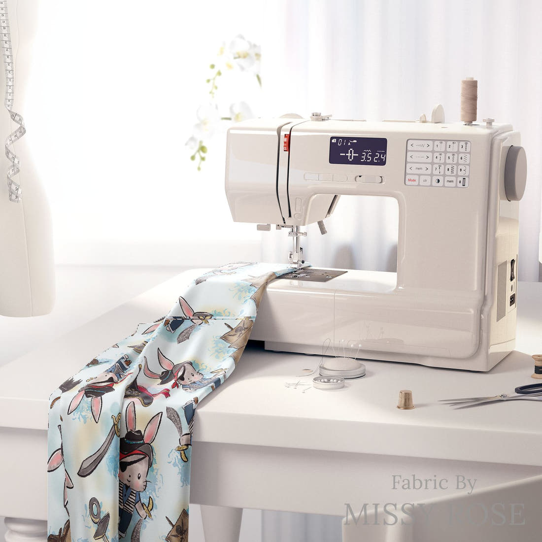 Design 485 Pirate Bunny Fabric on a sewing machine – premium fabric for sewing projects | Fabric by Missy Rose