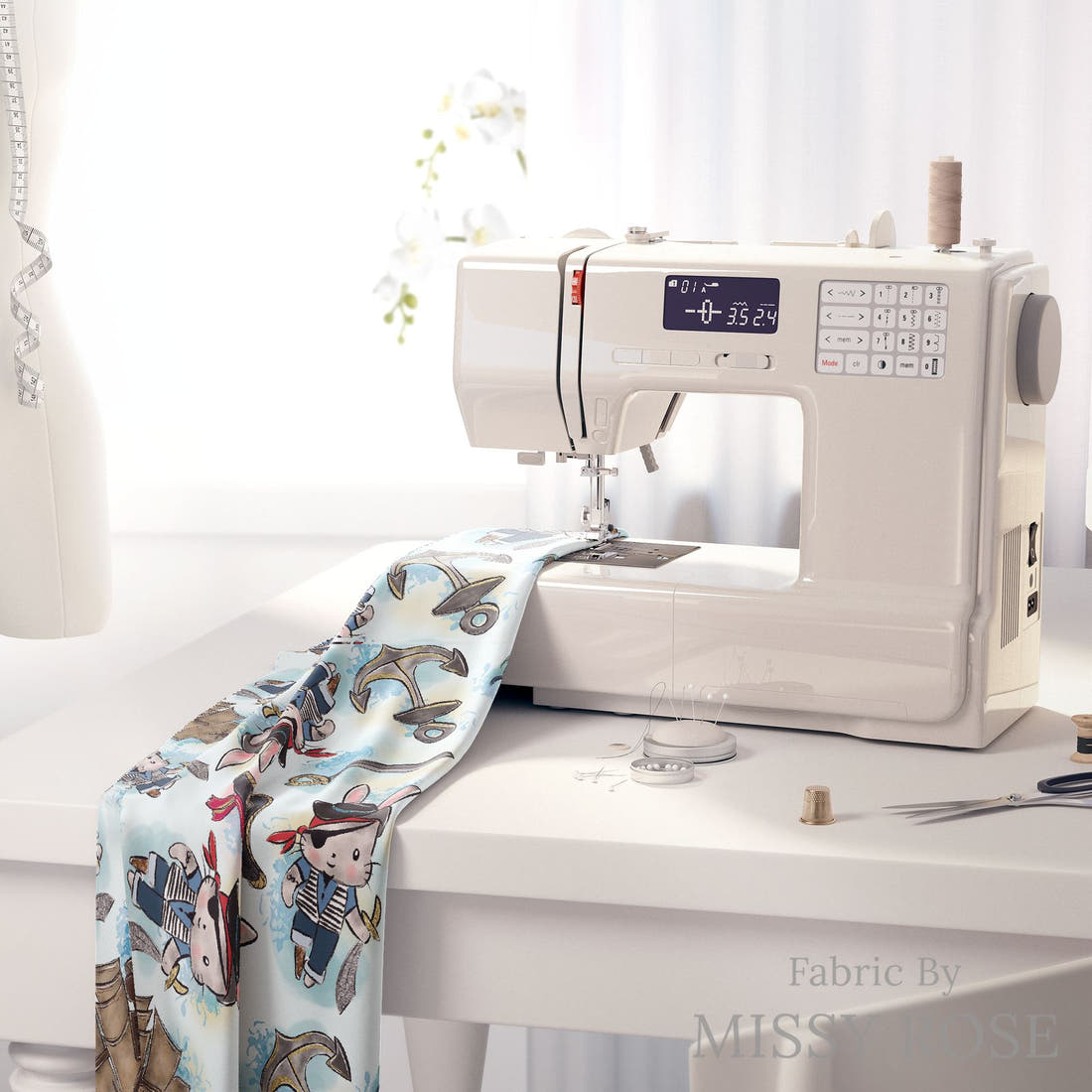Design 485 Pirate Bunny Fabric on a sewing machine – premium fabric for sewing projects | Fabric by Missy Rose
