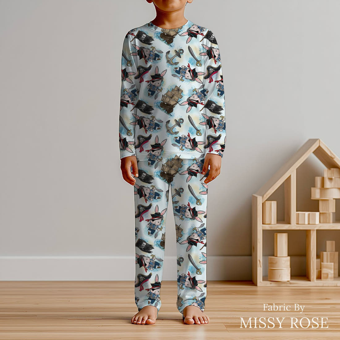 Design 485 Pirate Bunny Fabric sewn into kids' pyjamas – see how the print looks made up | Fabric by Missy Rose