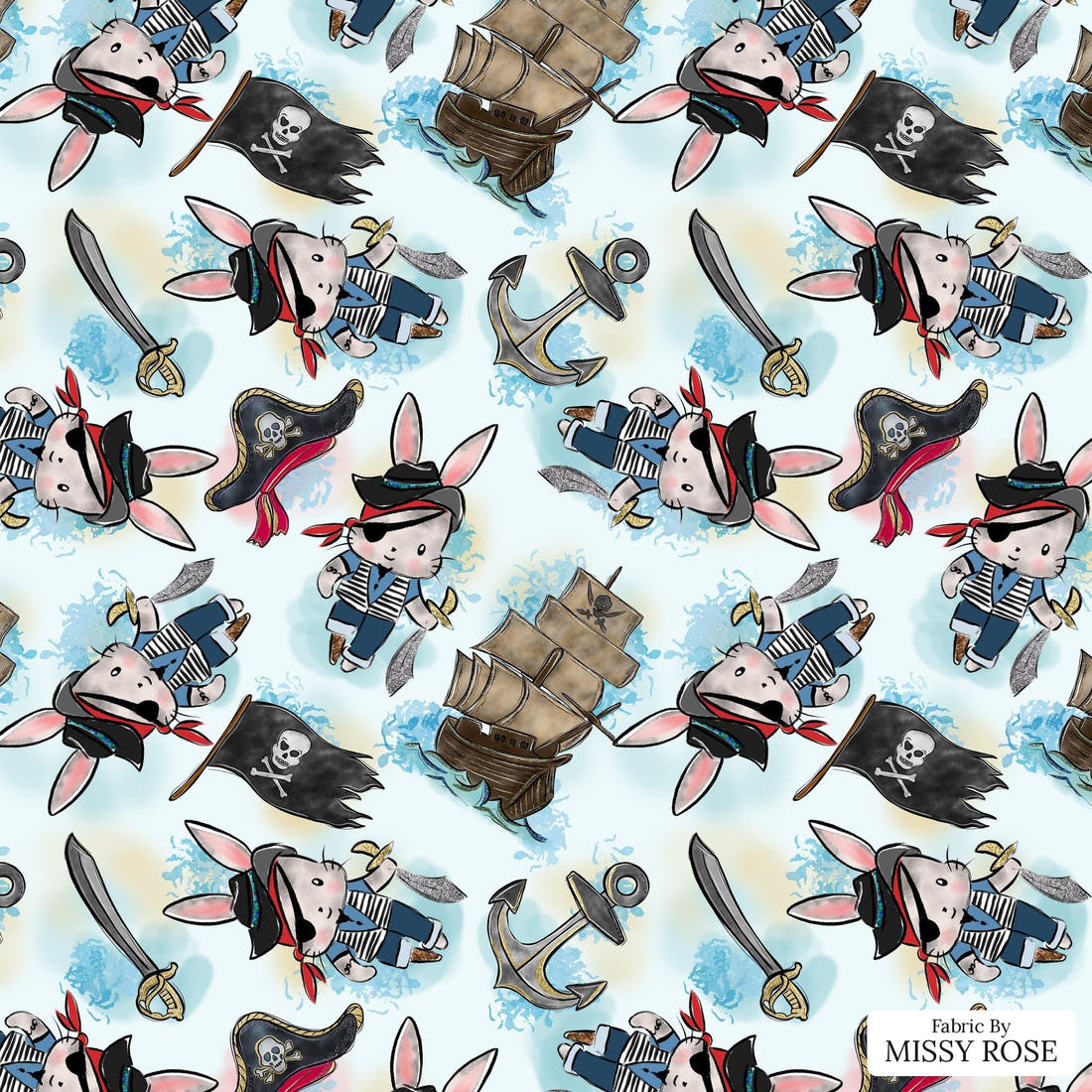 Design 485 Pirate Bunny Fabric - flat view of the print, zoom in for detail | Fabric by Missy Rose