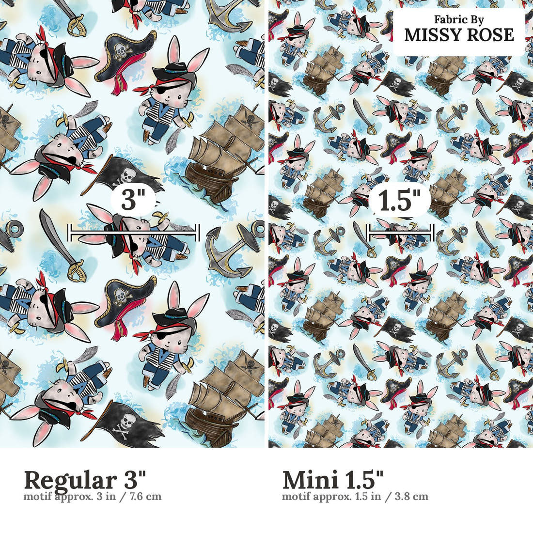 Design 485 Pirate Bunny Fabric size comparison - print scale | Fabric by Missy Rose