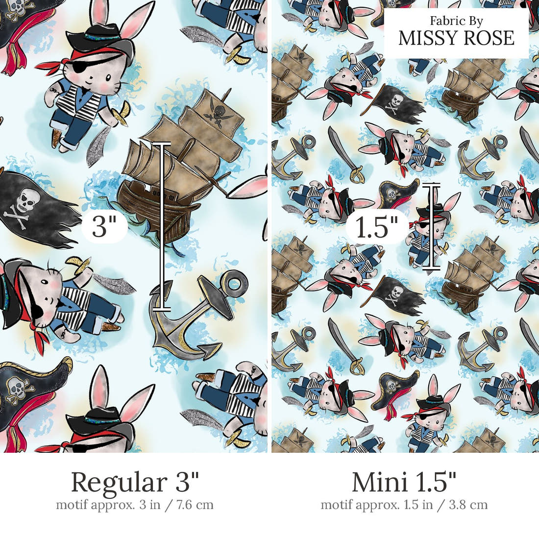 Design 485 Pirate Bunny Fabric Regular 3 inch vs Mini 1.5 inch print scale side by side | Fabric by Missy Rose