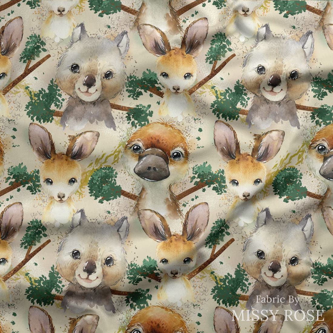Design 486 Neutral Australian Animals Fabric draped fabric mockup – custom printed fabric by the metre | Fabric by Missy Rose