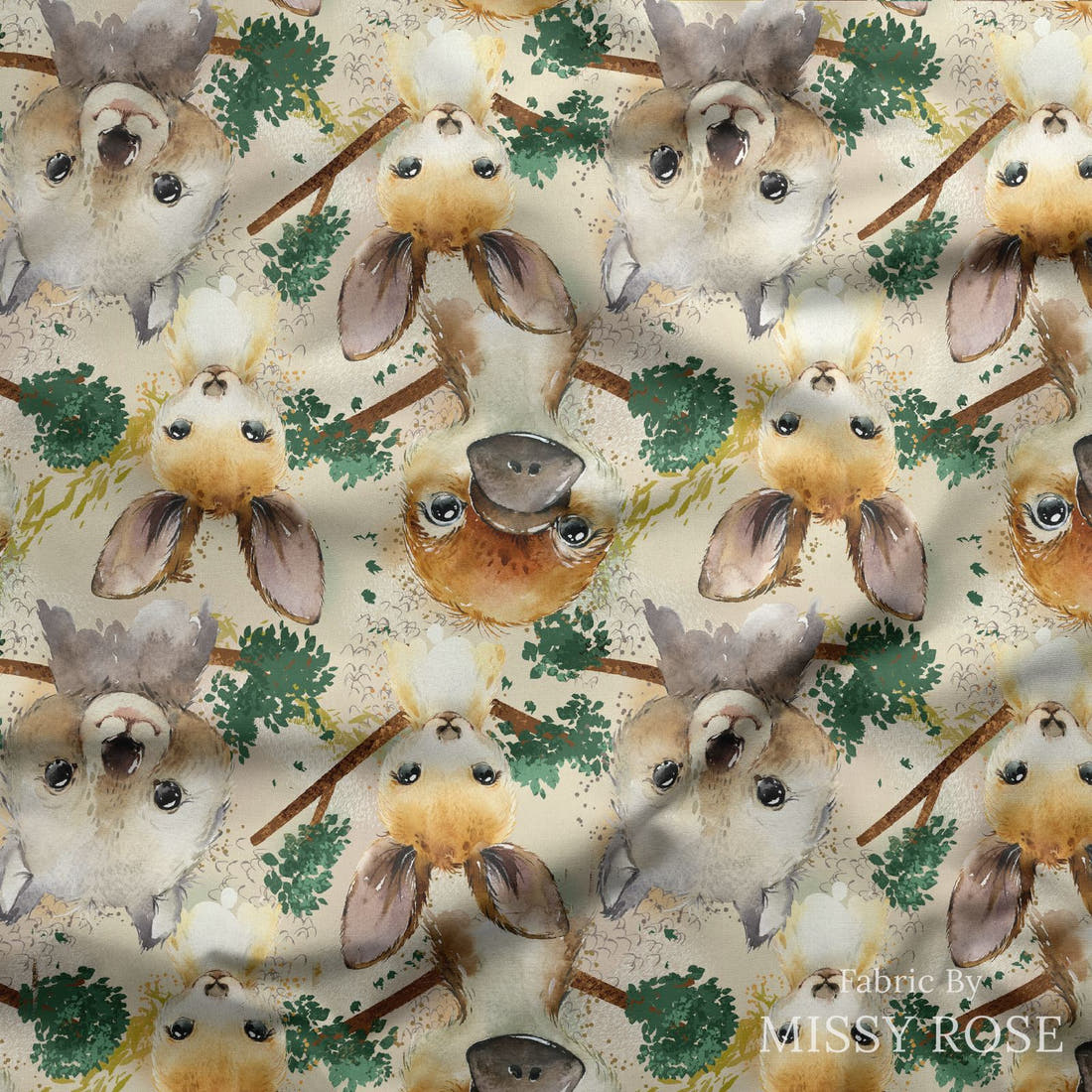 Design 486 Neutral Australian Animals Fabric draped fabric mockup – custom printed fabric by the metre | Fabric by Missy Rose