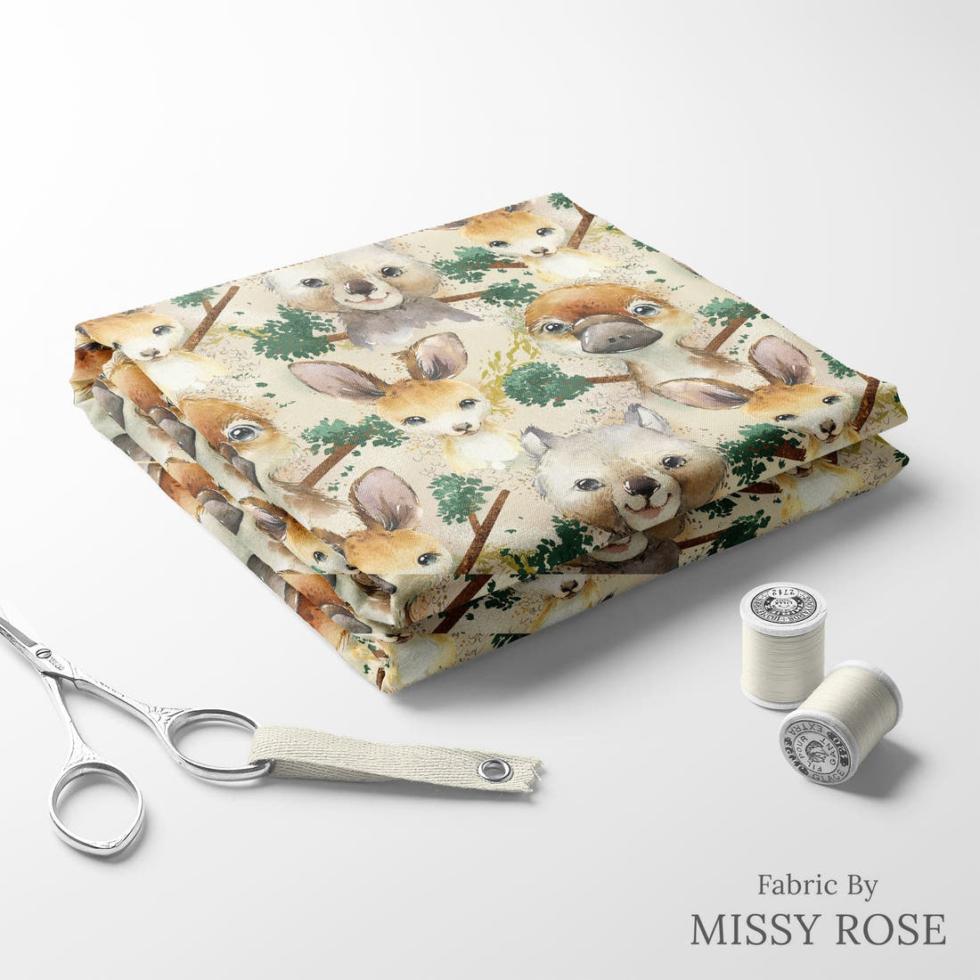 Design 486 Neutral Australian Animals Fabric folded fabric stack with matching thread – pre-order fabric Australia | Fabric by Missy Rose