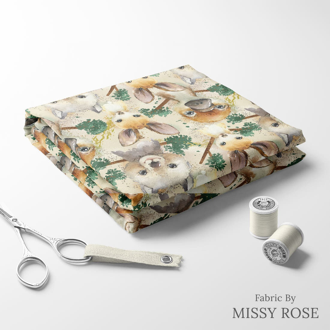 Design 486 Neutral Australian Animals Fabric folded fabric stack with matching thread – pre-order fabric Australia | Fabric by Missy Rose