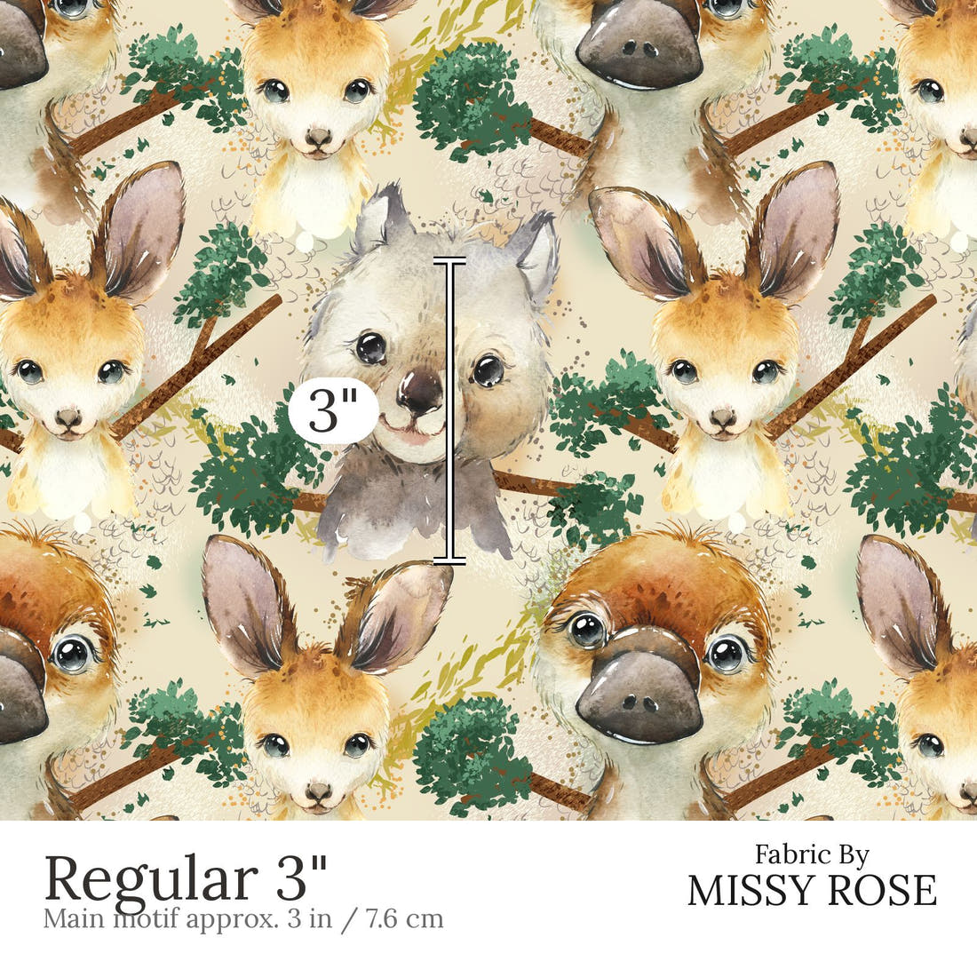 Design 486 Neutral Australian Animals Fabric Regular 3 inch print scale guide | Fabric by Missy Rose