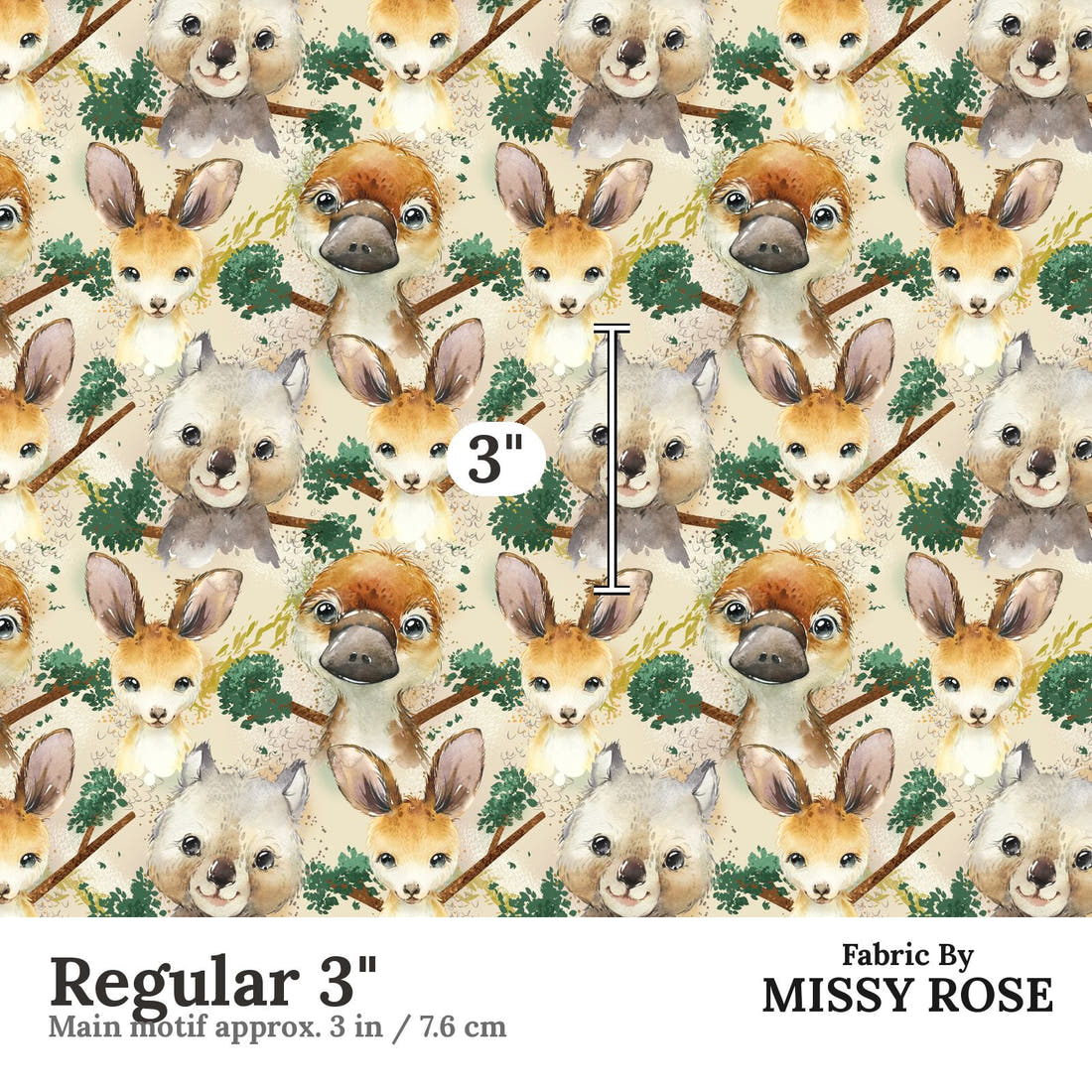 Design 486 Neutral Australian Animals Regular 3" - print scale | Fabric by Missy Rose