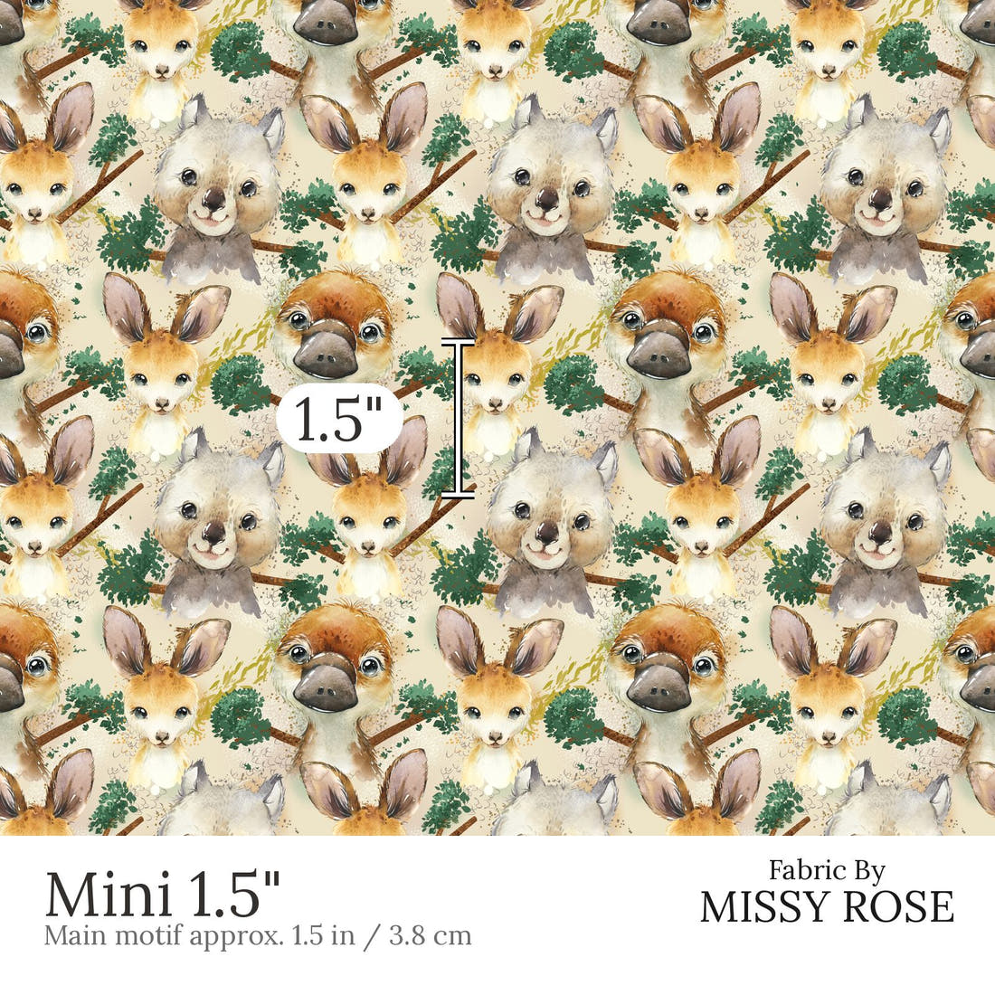 Design 486 Neutral Australian Animals Fabric Mini 1.5 inch print scale guide | Fabric by Missy Rose