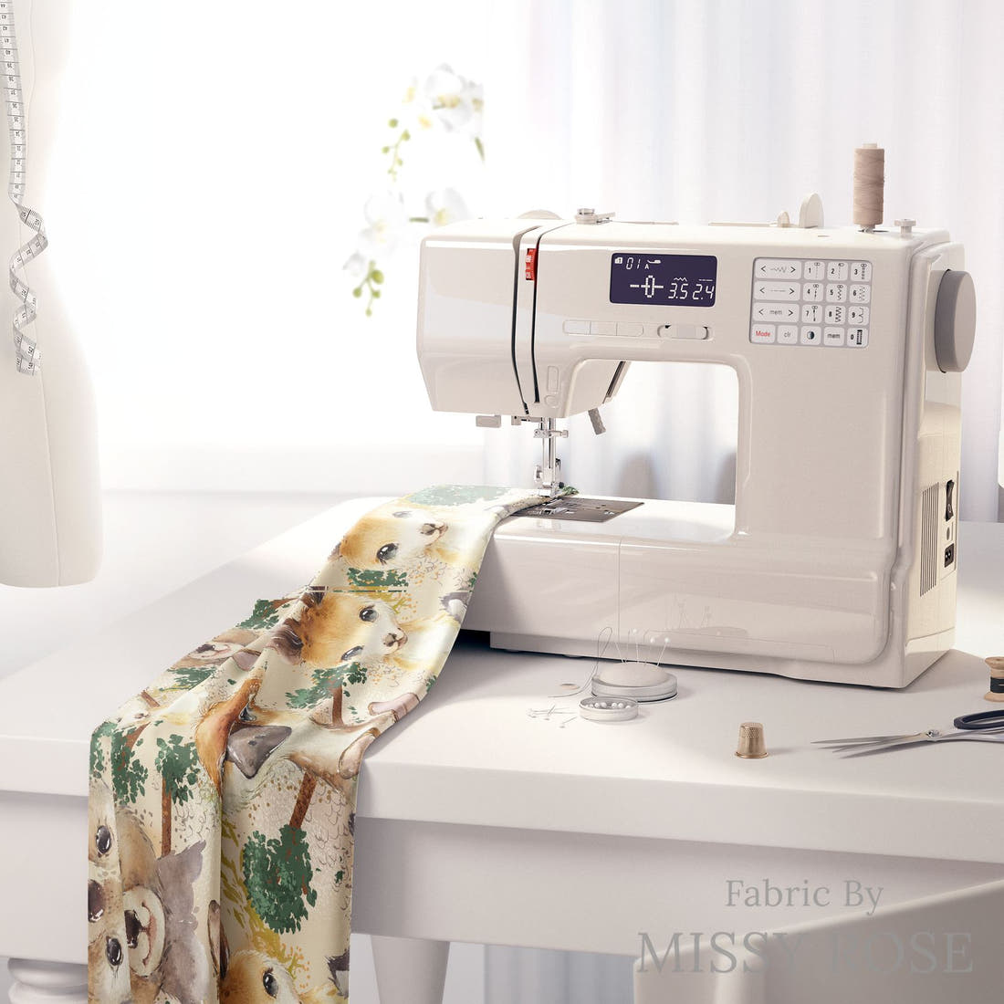 Design 486 Neutral Australian Animals Fabric on a sewing machine – premium fabric for sewing projects | Fabric by Missy Rose