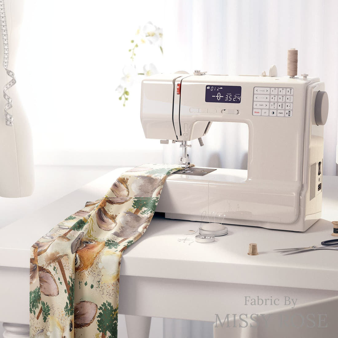 Design 486 Neutral Australian Animals Fabric on a sewing machine – premium fabric for sewing projects | Fabric by Missy Rose