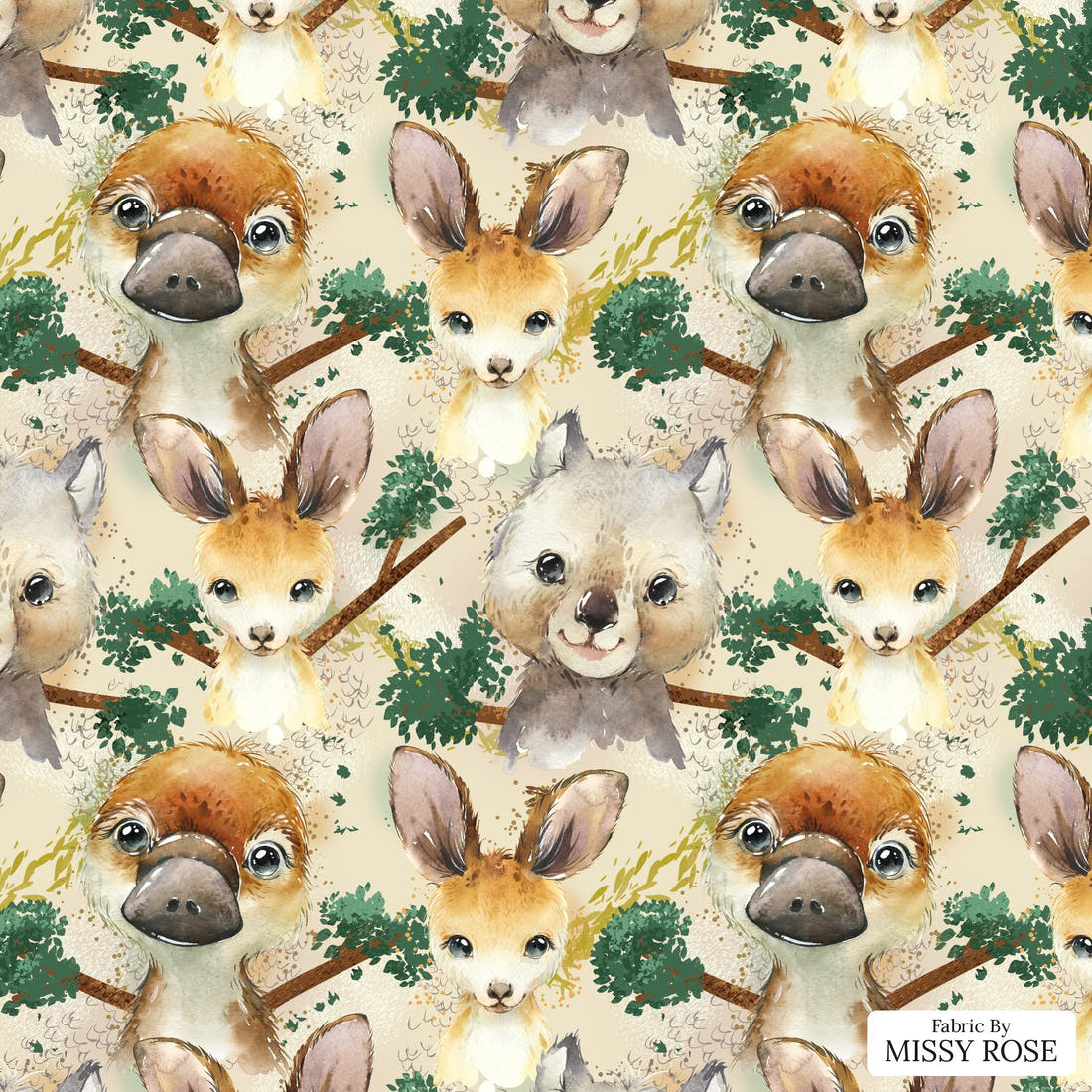 Design 486 Neutral Australian Animals - flat view of the print, zoom in for detail | Fabric by Missy Rose