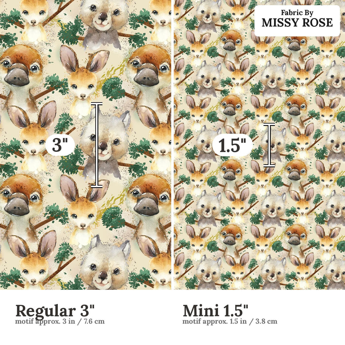 Design 486 Neutral Australian Animals size comparison - print scale | Fabric by Missy Rose