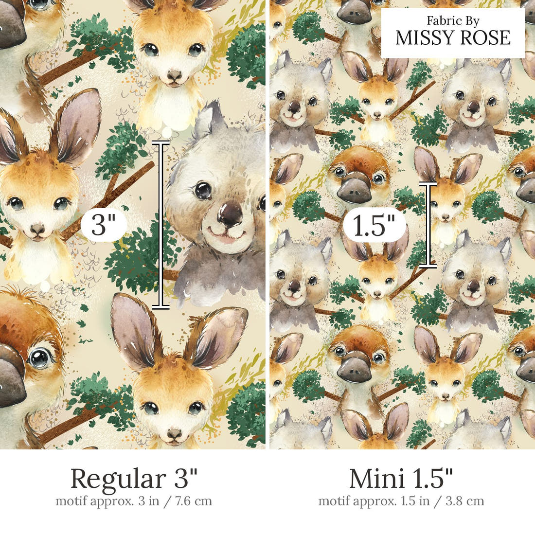 Design 486 Neutral Australian Animals Fabric Regular 3 inch vs Mini 1.5 inch print scale side by side | Fabric by Missy Rose