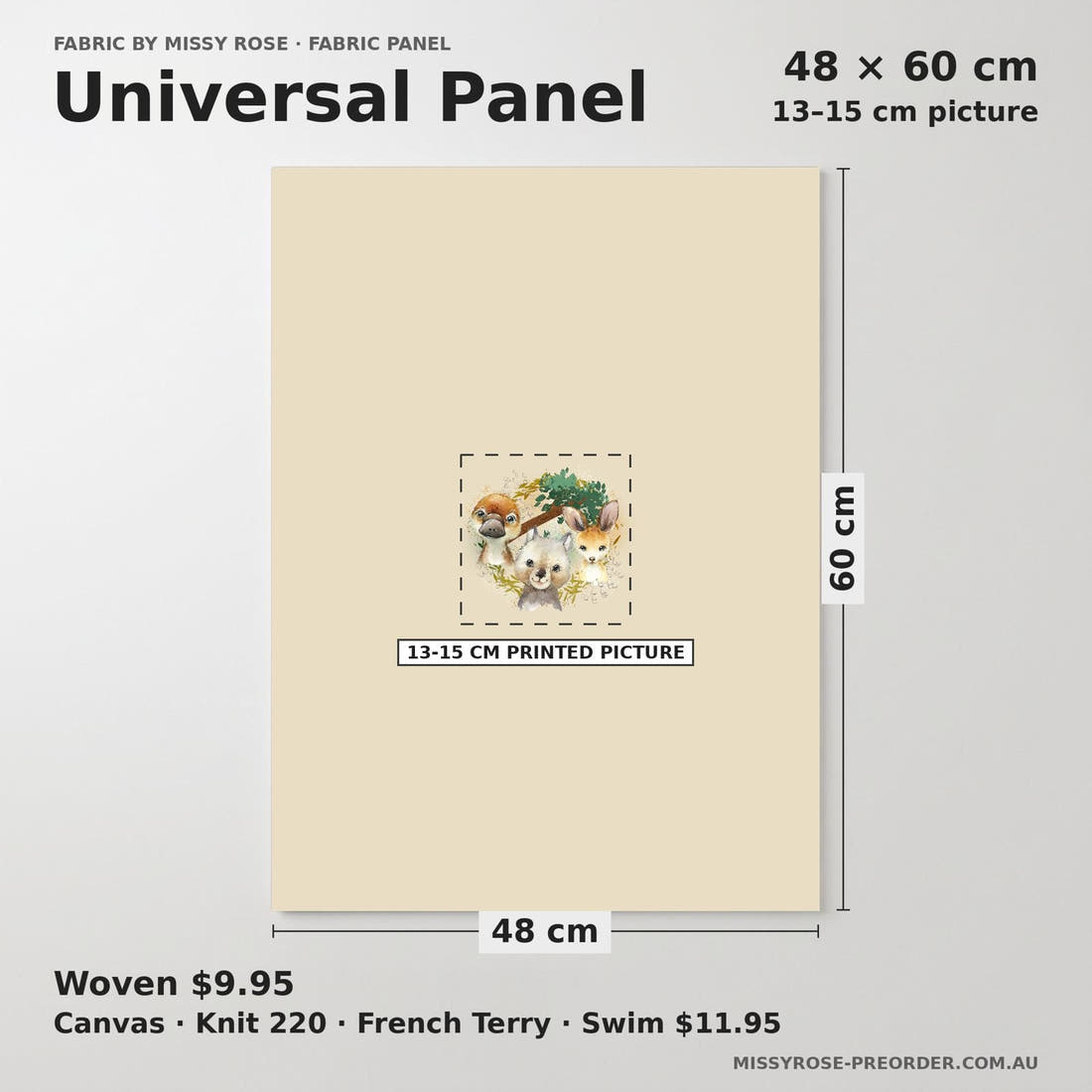 Design 486 Neutral Australian Animals Panel universal panel sizing – 13–15 cm printed picture on 48 × 60 cm fabric | Fabric by Missy Rose