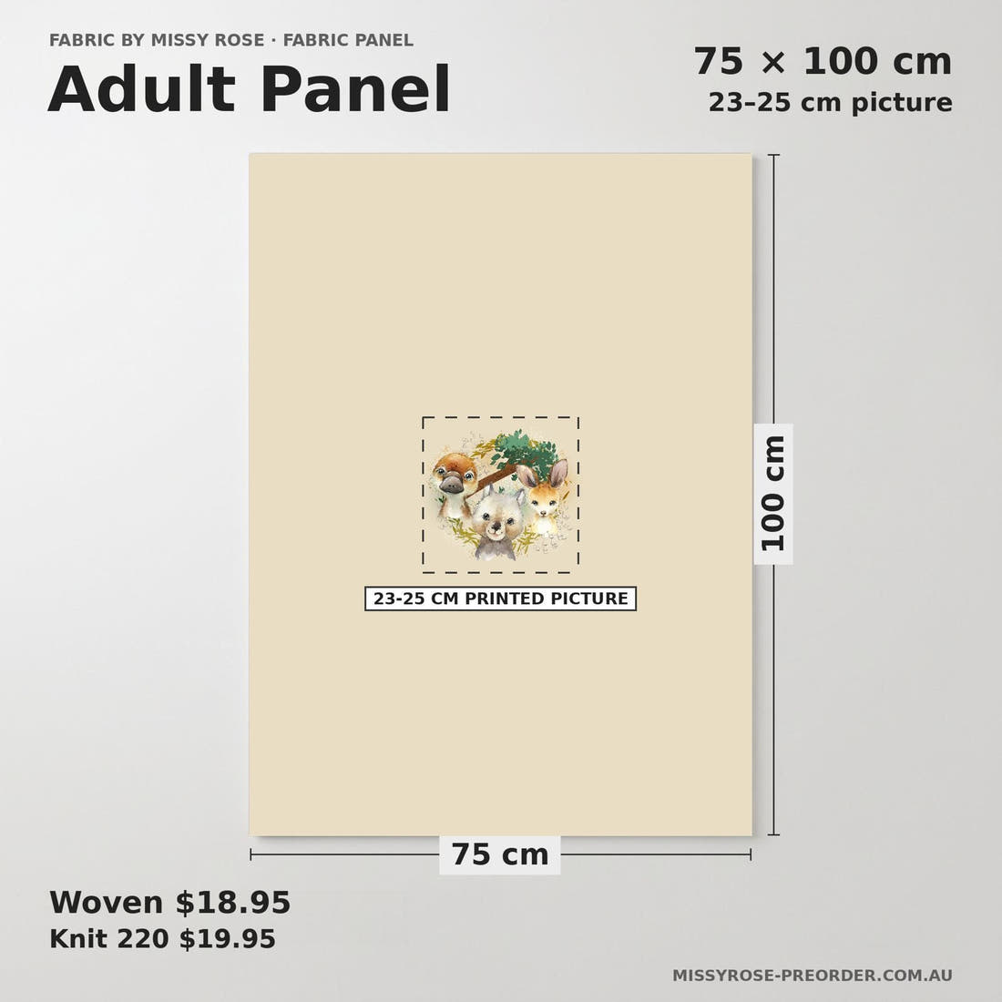 Design 486 Neutral Australian Animals Panel adult panel sizing – 23–25 cm printed picture on 75 × 100 cm fabric | Fabric by Missy Rose