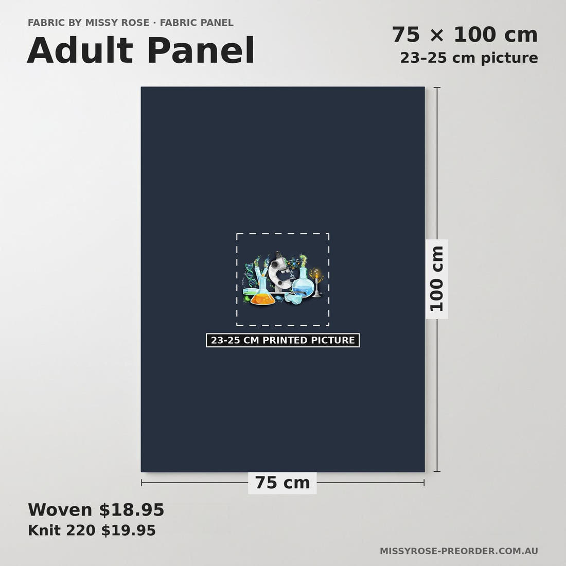 Design 487 Science Panel adult panel sizing – 23–25 cm printed picture on 75 × 100 cm fabric | Fabric by Missy Rose