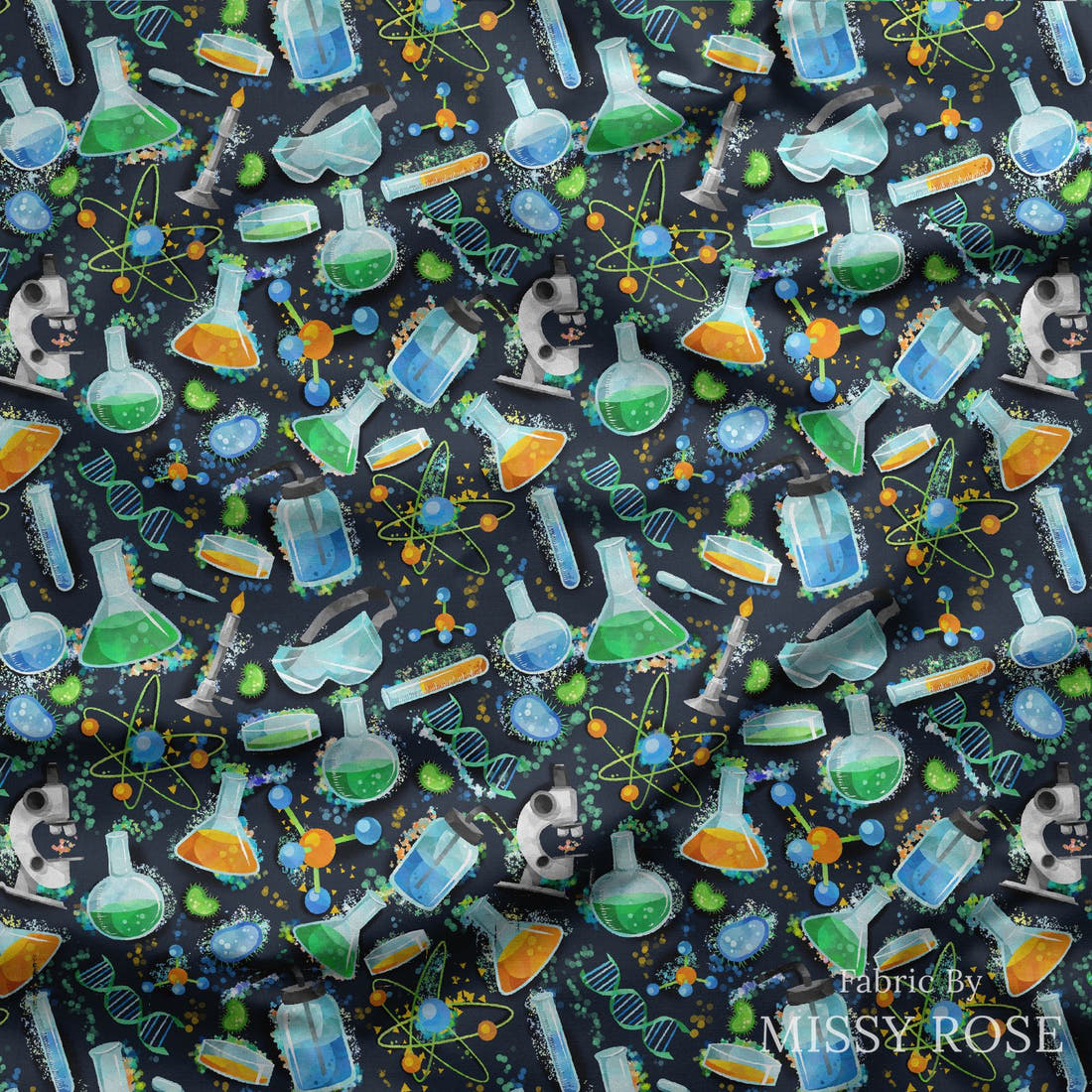 Design 487 Science Fabric draped fabric mockup – custom printed fabric by the metre | Fabric by Missy Rose
