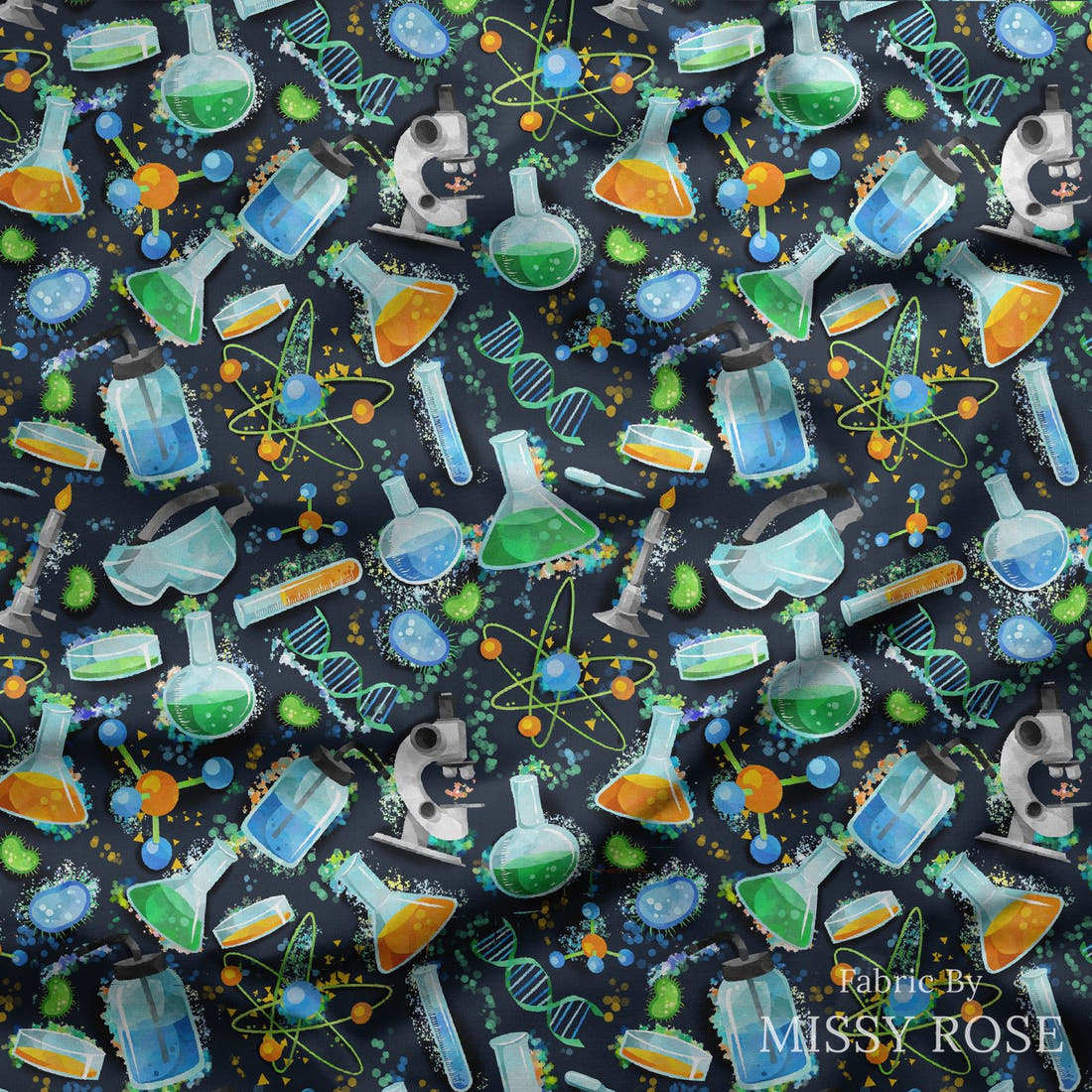 Design 487 Science Fabric draped fabric mockup – custom printed fabric by the metre | Fabric by Missy Rose