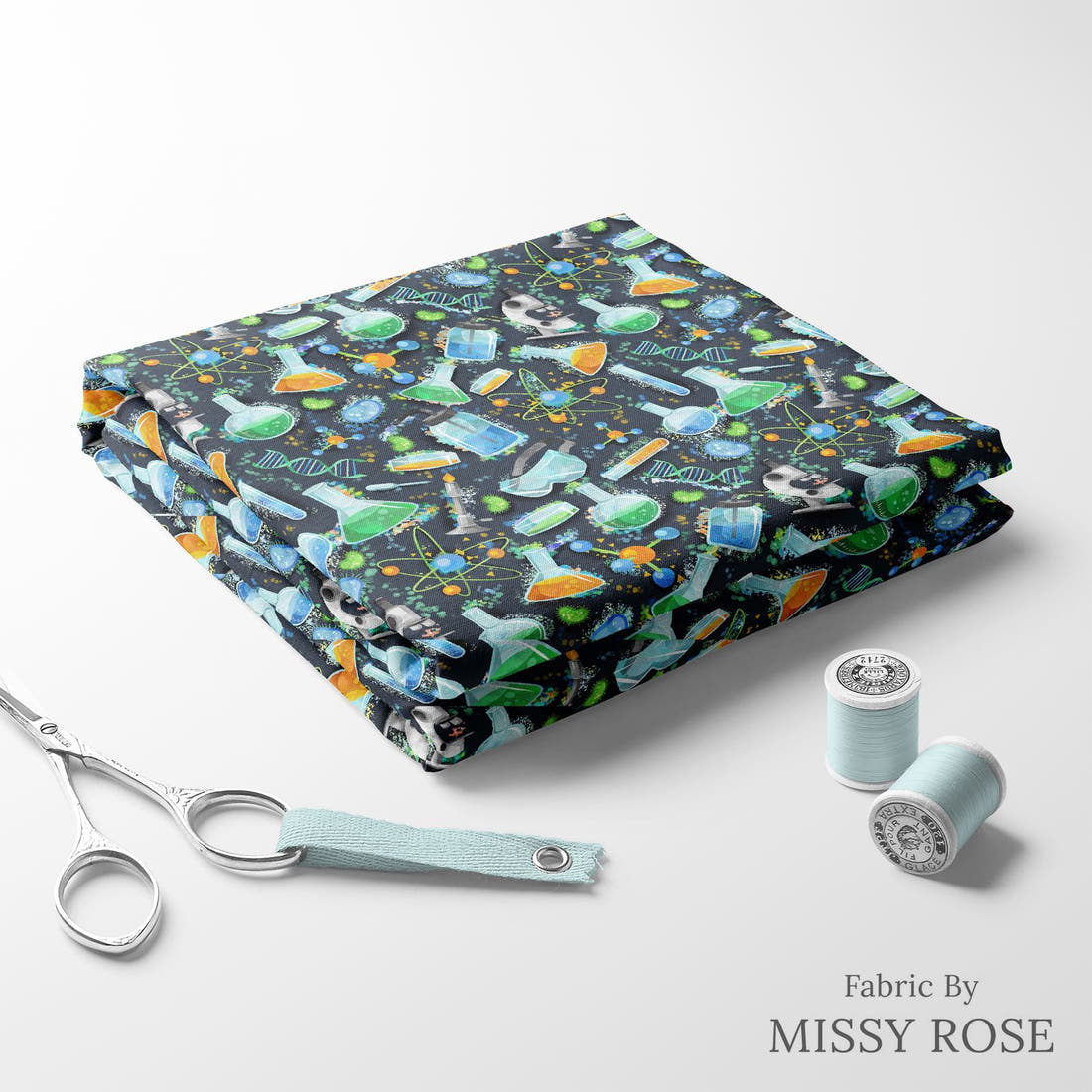 Design 487 Science Fabric folded fabric stack with matching thread – pre-order fabric Australia | Fabric by Missy Rose