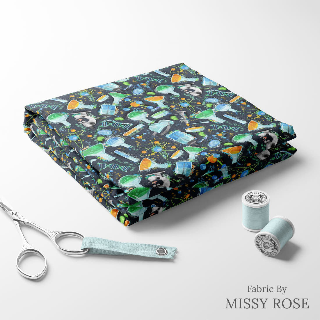 Design 487 Science Fabric folded fabric stack with matching thread – pre-order fabric Australia | Fabric by Missy Rose
