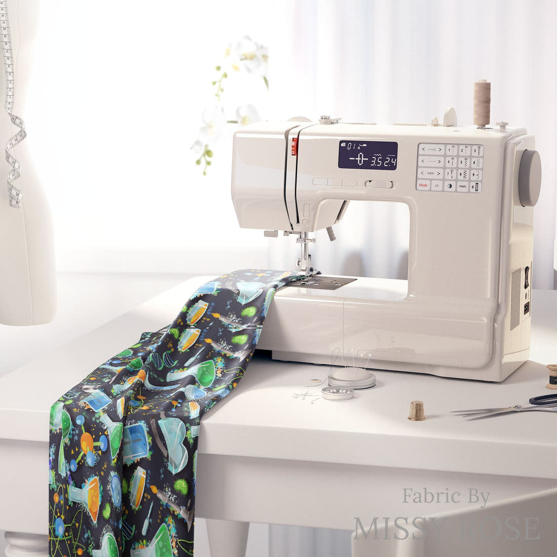 Design 487 Science Fabric on a sewing machine – premium fabric for sewing projects | Fabric by Missy Rose