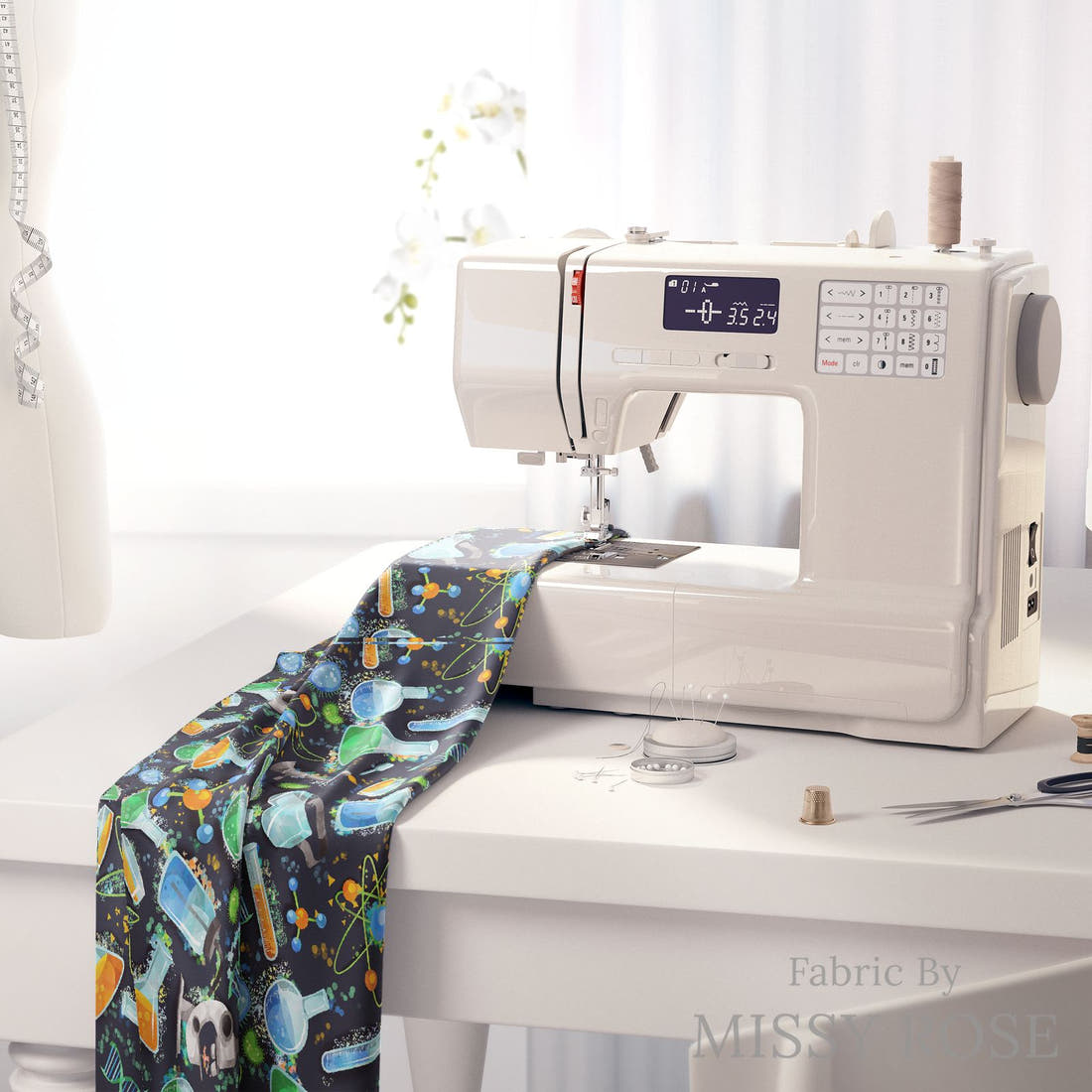 Design 487 Science Fabric on a sewing machine – premium fabric for sewing projects | Fabric by Missy Rose